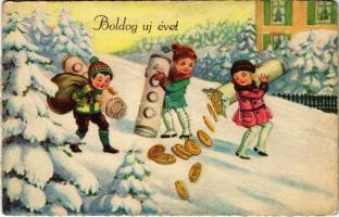 1928 Boldog Újévet! / New Year greeting card, children with coins. WSSB 9947. (EK)