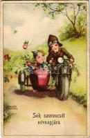 1942 Sok szerencsét névnapjára! / Name Day greeting card, motorcycle with sidecar s: Hannes Petersen