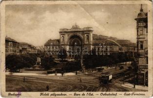 1923 Budapest VII. Keleti pályaudvar, vasútállomás, Baross szobor, villamos (fa)