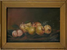 Smola István (?-?), működött 1910-15 körül Budapesten: Csendélet körtékkel és almákkal. Olaj, karton, jelzett. Üvegezett, sérült fa keretben, 32,5×48 cm