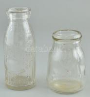 cca 1940 Jughurtos, tejes üveg, Központi Tejcsarnok, feliratos üvegek 11, 15 cm
