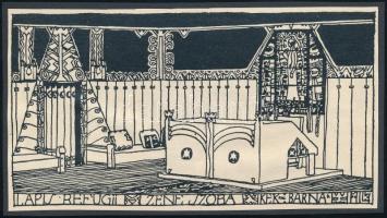 cca 1908 Kozma Lajos (1884-1948): Lapis Regugii - Zeneszoba, fametszet, papír kartonon, jelzett a dúcon, 9,5x17 cm