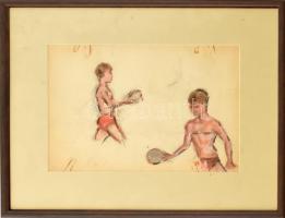 Jelzés nélkül: Labdázók. Akvarell, ceruza, papír. Üvegezett fa keretben, 19,5×28 cm