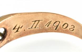 14k arany (Au) fülbevaló párban + gyűrű m: 62. mesterséges kövekkel, össz bruttó 4,7 g