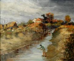 Klimó István (1883-1961): Horgász a patakparton. Olaj, karton, jelzett. Dekoratív, sérült keretben. 50×60 cm