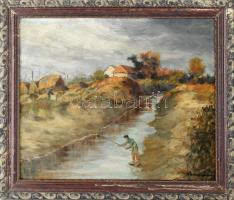 Klimó István (1883-1961): Horgász a patakparton. Olaj, karton, jelzett. Dekoratív, sérült keretben. ...