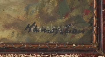 Klimó István (1883-1961): Horgász a patakparton. Olaj, karton, jelzett. Dekoratív, sérült keretben. ...