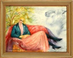 K Róna Klára jelzéssel: Hölgy fotelben. Akvarell, papír. Üvegezett, kissé sérült keretben. 30×39,5 cm