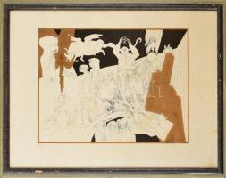 Szász Endre (1926-2003): Szürreális jelenet. Szitanyomat, papír, jelzett, számozott (33/100), üvegezett fa keretben, foltos, 36x50 cm
