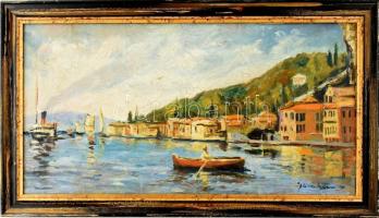 Olvashatatlan jelzéssel: Mediterrán vízpart vitorlásokkal. Olaj, vászon, fa keretben, 35,5x68 cm