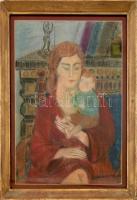 Olvashatatlan jelzéssel: Anya gyermekével. Pasztell, vászon. Üvegezett, kissé sérült fa keretben, 61x42 cm