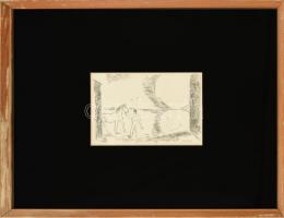 Borsos Miklós (1906-1990): Ló és lovas. Rézkarc, papír. Jelzett a karcon. Sérült (törésnyomokkal). Üvegezett, kopott fa keretben, 19x29 cm
