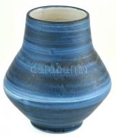 Retró kék váza, színes mázakkal festett kerámia, hibátlan, m: 16,5 cm
