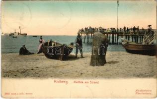 1905 Kolobrzeg, Kolberg; Partie am Strand / beach, boat, steamship (EK)