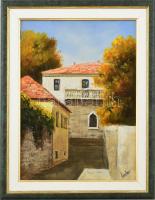 Lantos György (1957-): Senji utcarészlet (Zengg, Horvátország). Olaj, farost, jelzett. Fa keretben, hátoldalán címkén feliratozott, 40×30 cm