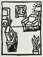 Robert Combas (1957-): Salon Etboite á cons 1985. Szitanyomat, papír, jelzés nélkül, kisebb gyűrődésekkel, 37,5x28 cm