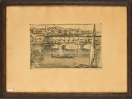 Szentgyörgyvári Gyenes Lajos (1890-1971): Firenze - Ponte Vecchio. Rézkarc, papír, jelzett, üvegezett fa keretben, lapszéli foltokkal és gyűrődésekkel, 21×33,5 cm