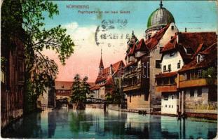 1913 Nürnberg, Nuremberg; Pegnitzpartie an der Insel Schütt / riverside, synagogue (Rb)