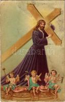 1916 Jesus with cross and angels. litho + M. kir. IV/30. népf. Hadtápzászlóalj (EK)
