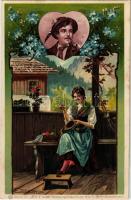 Romantic couple, lady art postcard. Dir z Liab Kunstverlag Rafael Neuber Wien Serie 53. Art Nouveau, Floral, litho s: Döcker jun.
