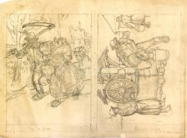 Muhits Sándor (1882-1956), 3 db mű egy lapon (kétoldali): Piaci jelenet, Hazafelé, Kútnál. Ceruza, papír, jelzés nélkül, kissé sérült (törésnyommal), kissé foltos, 26x36 és 37,5×28 cm
