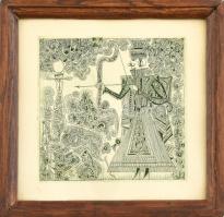 Kass János (1927-2010): Vadász. Rézkarc, papír, jelzés nélkül, üvegezett fa keretben, 14,5×14,5 cm