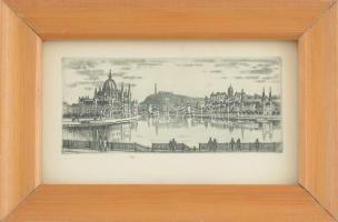Jelzés nélkül: Budapesti panoráma. Rézkarc, papír, üvegezett fa keretben, 5×12 cm