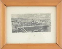 Jelzés nélkül: Budapesti panoráma az Erzsébet híddal. Rézkarc, papír, üvegezett fa keretben, lap széle kissé foltos, 8×16 cm