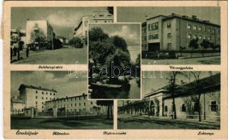 1942 Érsekújvár, Nové Zámky; Széchenyi utca, Vármegyeháza, Nyitra részlet, műmalom, laktanya / street view, county hall, riverside, mill, Hungarian military barracks