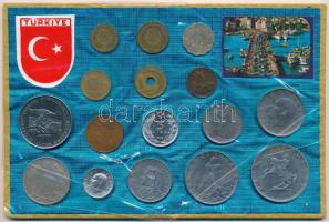 Törökország 16db-os szuvenír érmeszett kartonpapírra ragasztva, sérült műanyag fóliában T:1--3 Turkey 16pcs souvenir coin lot on cardboard, with damaged foil packing C:AU-F