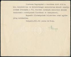 1941 Varga József (1891-1956) kereskedelem és közlekedésügyi miniszter aláírása kinevezési okmányon, vágott