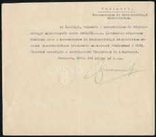 1935 Bornemisza Géza (1895-1983) kereskedelem- és közlekedésügyi miniszter aláírása kinevezési okmányon, minisztériumi szárazpecséttel, vágott
