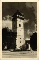 1955 Rozsnyó, Roznava; Mestská veza / Rákóczi őrtorony, Gróf Andrássy Dénesné (Franciska grófnő) szobra / watchtower, statue (lyukak / pinholes)