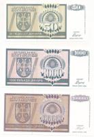 Bosznia-Hercegovina / Szerb Köztársaság 1992. 50D + 1000D + 1993. 100.000D T:I  Bosnia and Hercegovina / Serbian Republic 1992. 50 Dinara + 1000 Dinara + 1993. 100.000 Dinara C:UNC