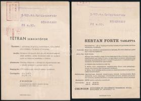1964 Tetran sebhintőpor és Setran forte tabletta Chinoin gyógyszergyár reklámlapok, 12x18 cm