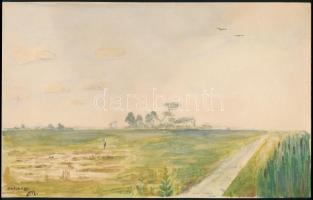 M jelzéssel: Hortobágyi tanya. Akvarell, papír, 18,5×29,5 cm