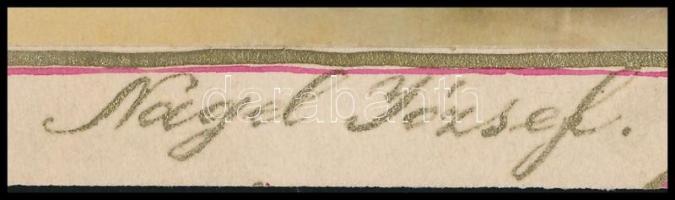 Nagel József (?-): Vízparti táj. Gouache, papír, papírra kasírozva, 14×9 cm