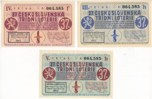 Csehszlovákia 1937. 37. Csehszlovák Osztálysorsjáték 1/8 sorsjegye öt nyelven (3xklf: 1., 2. és 3. osztály) T:I- Czechoslovakia 1937. 37th Czechoslovak class lottery 1/8 ticket in five language (2xdiff: 1st, 2nd, 3rd class) C:AU