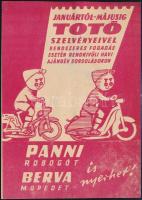 1962 TOTÓ ajándéksorsolás reklám szórólap ("Panni robogót, Berva mopedet is nyerhet!"), kissé foltos, kopott, 18x13 cm