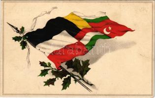 WWI Austro-Hungarian K.u.K. military, Central Powers propaganda with flags. litho (fl)