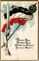 1917 Deutsche Liebe, Deutsche Treue, Schützt dies Schwert in meiner Hand / WWI German military art postcard, patriotic propaganda with flag. litho (EK)