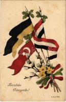 Herzliche Ostergrüße! / WWI Austro-Hungarian K.u.K. military art postcard, Central Powers propaganda with Easter greeting and flags. B.K.W.I. 4693-4. s: E. Huyer (fl)