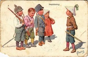 1916 Inspizierung / WWI Austro-Hungarian K.u.K. military art postcard, children in soldiers uniforms. B.K.W.I. 169-5. s: K. Feiertag + M. kir. kolozsvári 21. népfölkelő III. hadtápzászlóalj parancsnokság (b)