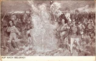 Auf nach Belgrad! / WWI Austro-Hungarian K.u.K. military art postcard, soldiers marching to Beograd. B.K.W.I. s: Ludwig Koch (kopott sarkak / worn corners)