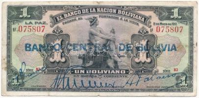 Bolívia 1911. 1B Banco Central De Bolivia 1929-es felülbélyegzéssel T:III Bolivia 1911. 1 Boliviano with Banco Central De Bolivia overprint from 1929. C:F Krause P#112