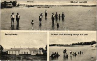 1929 Velence, tó, fürdőzők, Meszlényi kastély, Gróf Wickenburg kastély és híd
