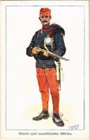 Honvéd nyári menetöltözetben 1869-ben. Honvédség története 1868-1918 / Austro-Hungarian K.u.K. military art postcard s: Garay