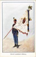 Honvéd zászlótartó 1896-ban. Honvédség története 1868-1918 / Austro-Hungarian K.u.K. military art postcard s: Garay