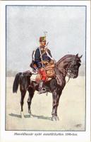 Honvéd huszár nyári menetöltözetben 1896-ban. Honvédség története 1868-1918 / Austro-Hungarian K.u.K. military art postcard s: Garay