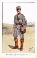 Honvéd tüzér nyári menetöltözetben 1914-ben. Honvédség története 1868-1918 / Austro-Hungarian K.u.K. military art postcard s: Garay